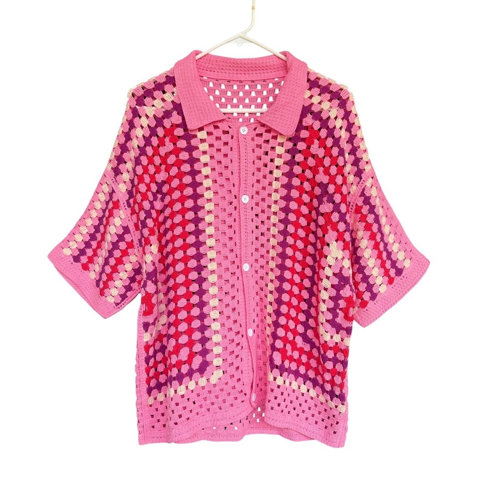 ROMWE Cardigan Sweater Womens XL Multicolor Crochet Button Front Collared Retro